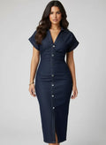Robe Denim Plissée à Manches Courtes Style Chic Urbain