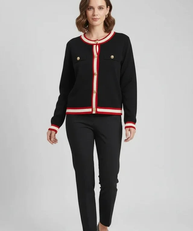 Veste en tricot élégante femme col rond noir et blanc