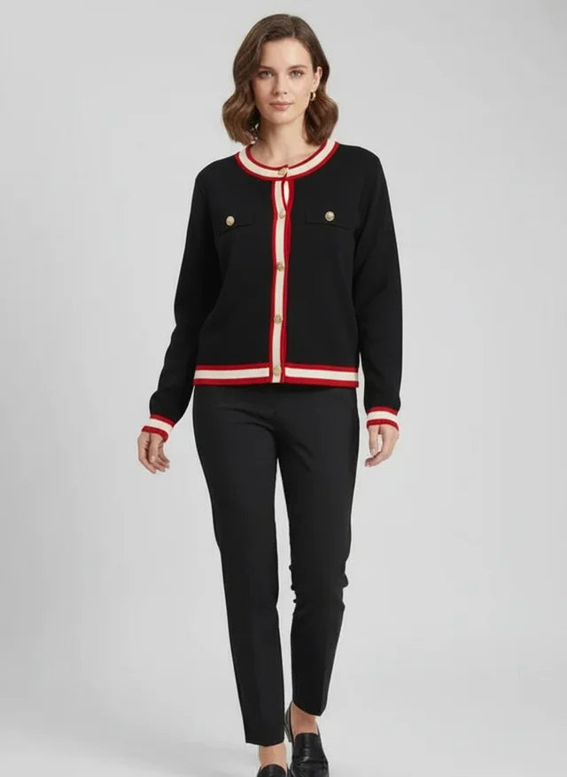 Veste en tricot élégante femme col rond noir et blanc
