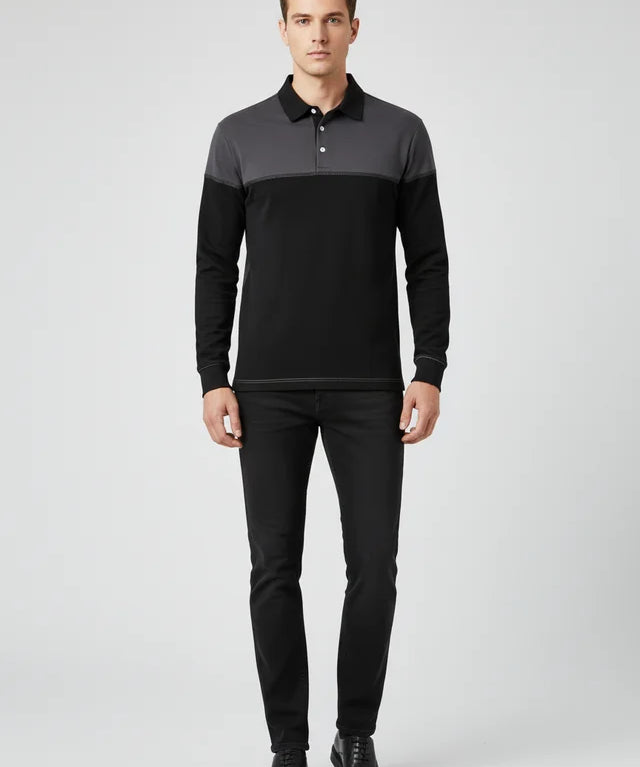 Sweatshirt Homme Col Polo Patchwork Manches Longues Haute Qualité