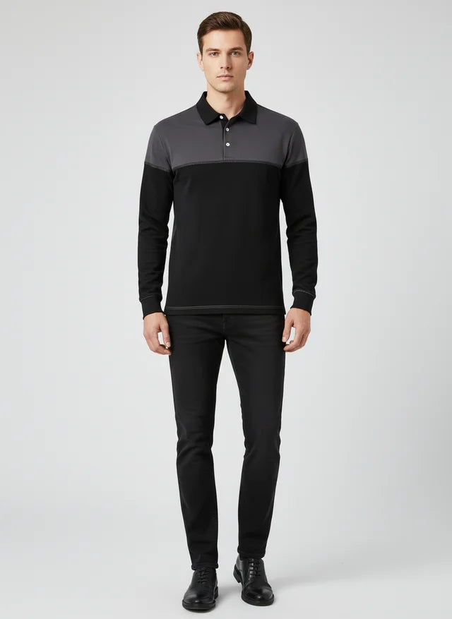 Sweatshirt Homme Col Polo Patchwork Manches Longues Haute Qualité