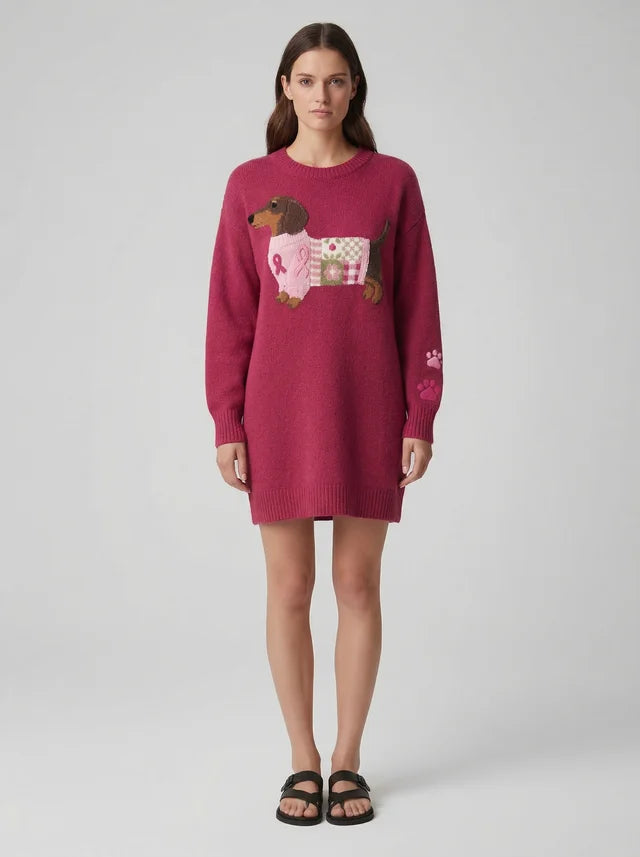 Pull en Tricot Doux avec Motif Teckel en Laine Feutrée