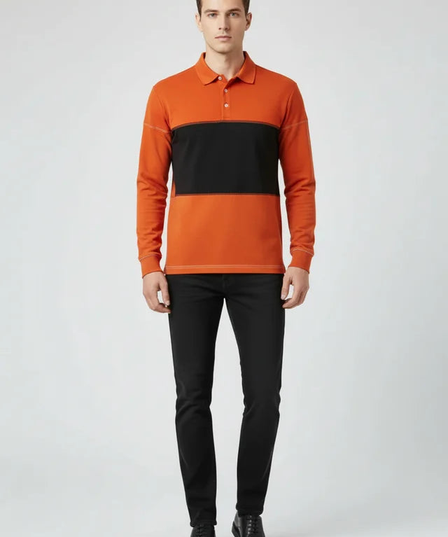 Sweatshirt Homme Col Polo Patchwork Manches Longues Haute Qualité