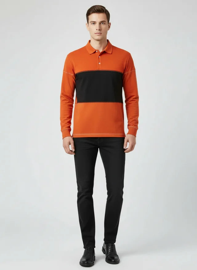 Sweatshirt Homme Col Polo Patchwork Manches Longues Haute Qualité