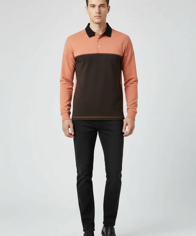 Sweatshirt Homme Col Polo Patchwork Manches Longues Haute Qualité