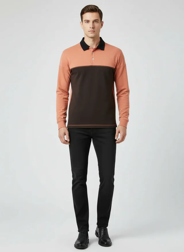 Sweatshirt Homme Col Polo Patchwork Manches Longues Haute Qualité