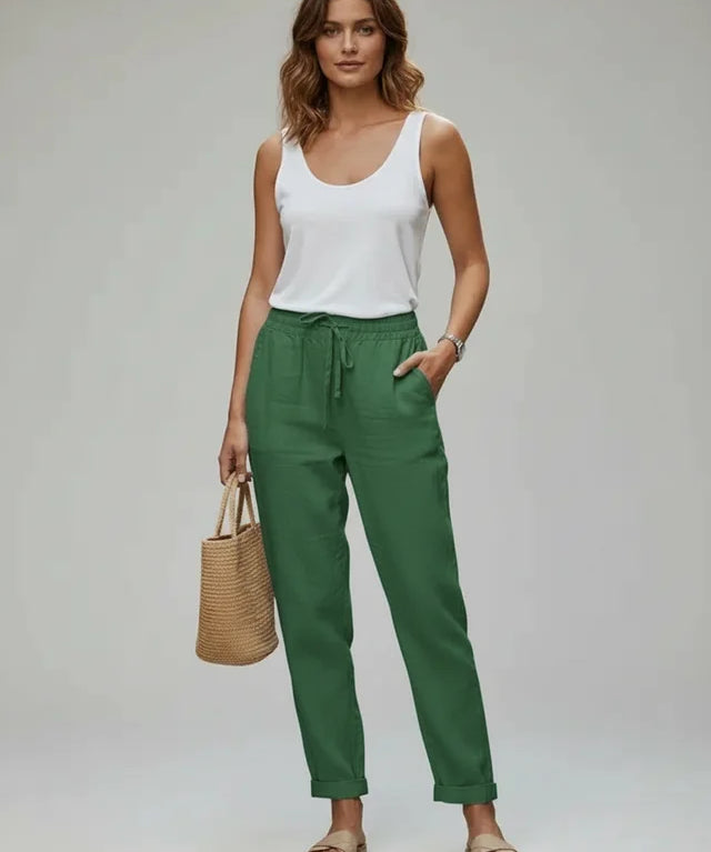 Pantalon Été Taille Haute en Coton et Lin Léger Femme