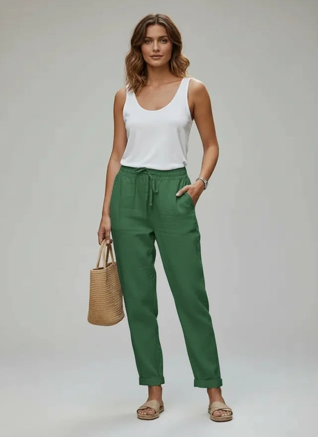 Pantalon Été Taille Haute en Coton et Lin Léger Femme