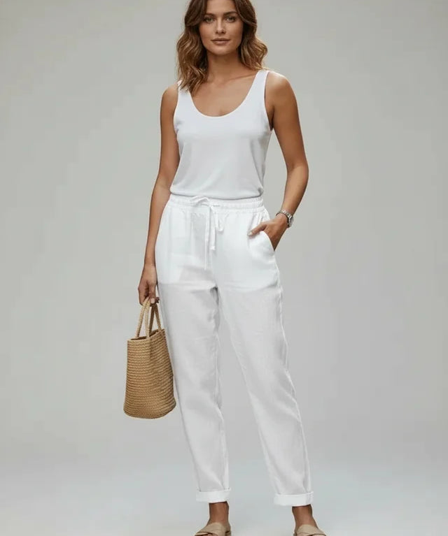 Pantalon Été Taille Haute en Coton et Lin Léger Femme
