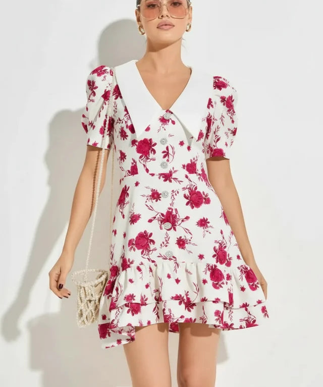 Robe mini à manches bouffantes col V taille haute