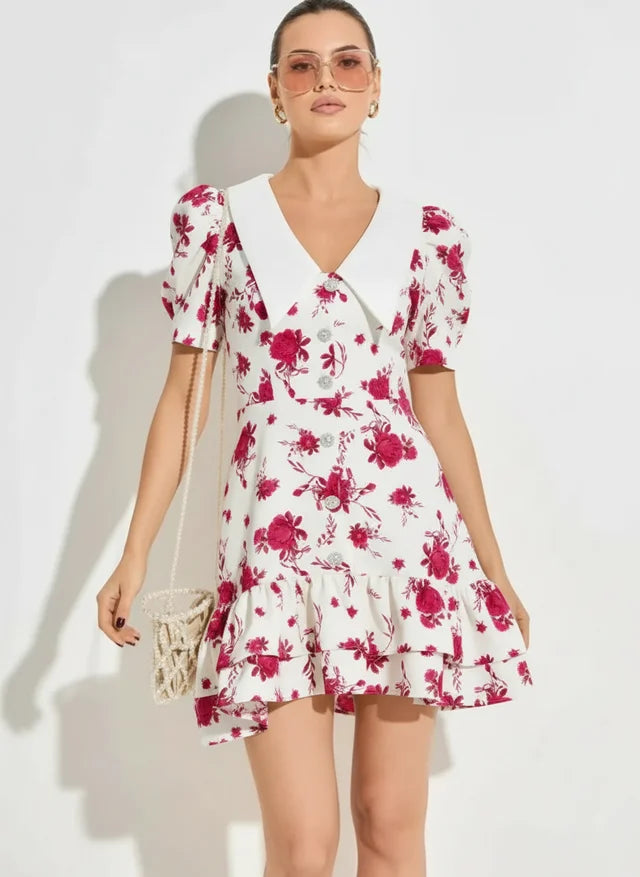 Robe mini à manches bouffantes col V taille haute