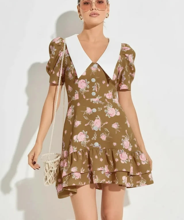 Robe mini à manches bouffantes col V taille haute