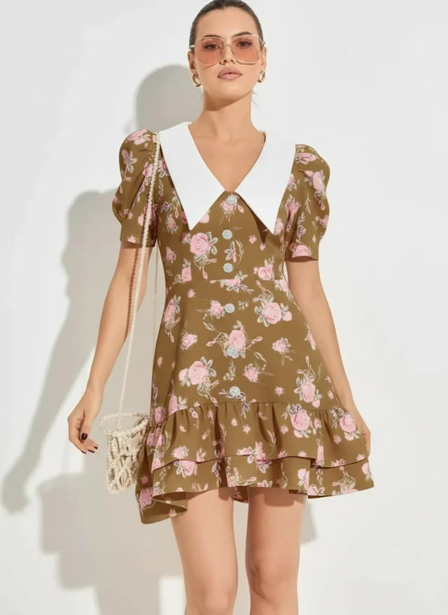 Robe mini à manches bouffantes col V taille haute