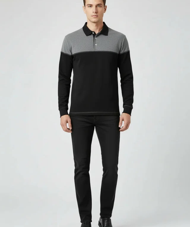 Sweatshirt Homme Col Polo Patchwork Manches Longues Haute Qualité