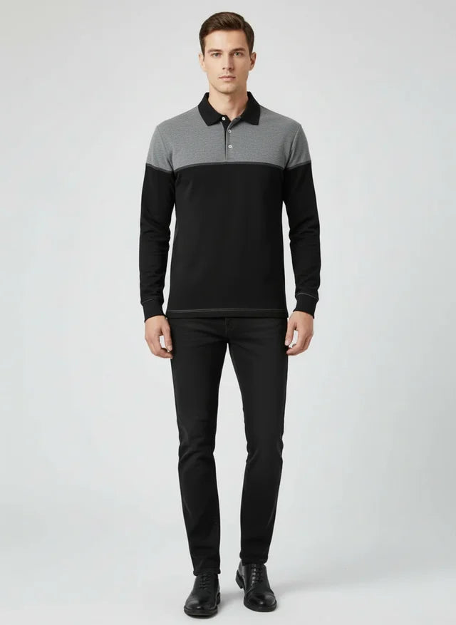 Sweatshirt Homme Col Polo Patchwork Manches Longues Haute Qualité