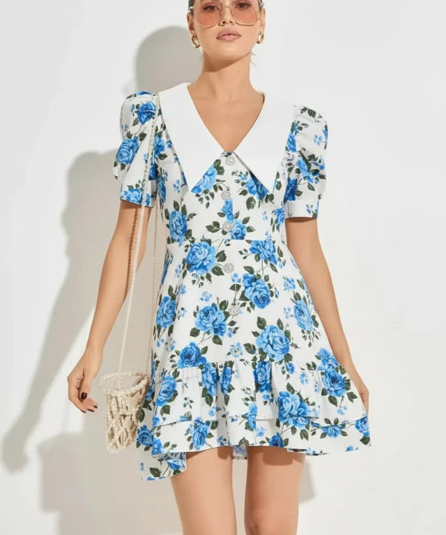 Robe mini à manches bouffantes col V taille haute