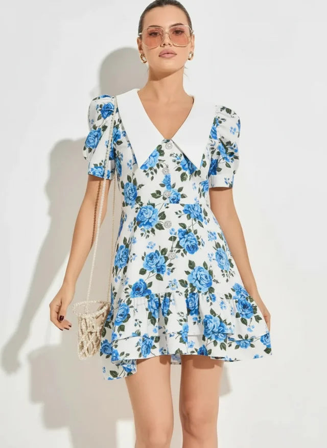 Robe mini à manches bouffantes col V taille haute