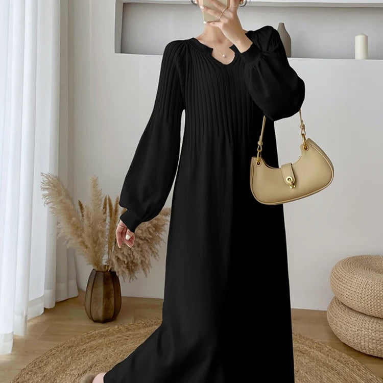 Robe à Manches Longues et Col en V, Chic et Confortable pour le Quotidien